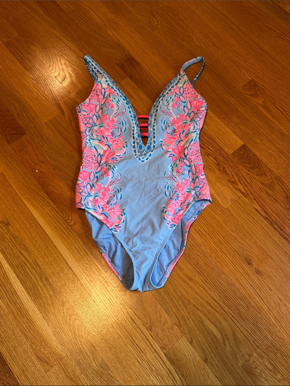 Lilly Pulitzer Blue One-Piece Swimsuit with Pink Floral Print